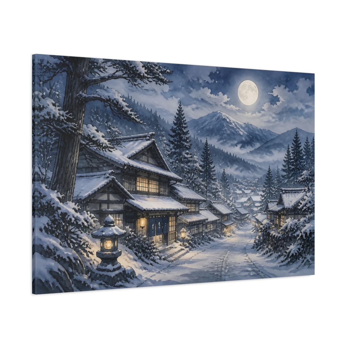Side Mockup 1. Moonlit Snow Village shown as canvas print