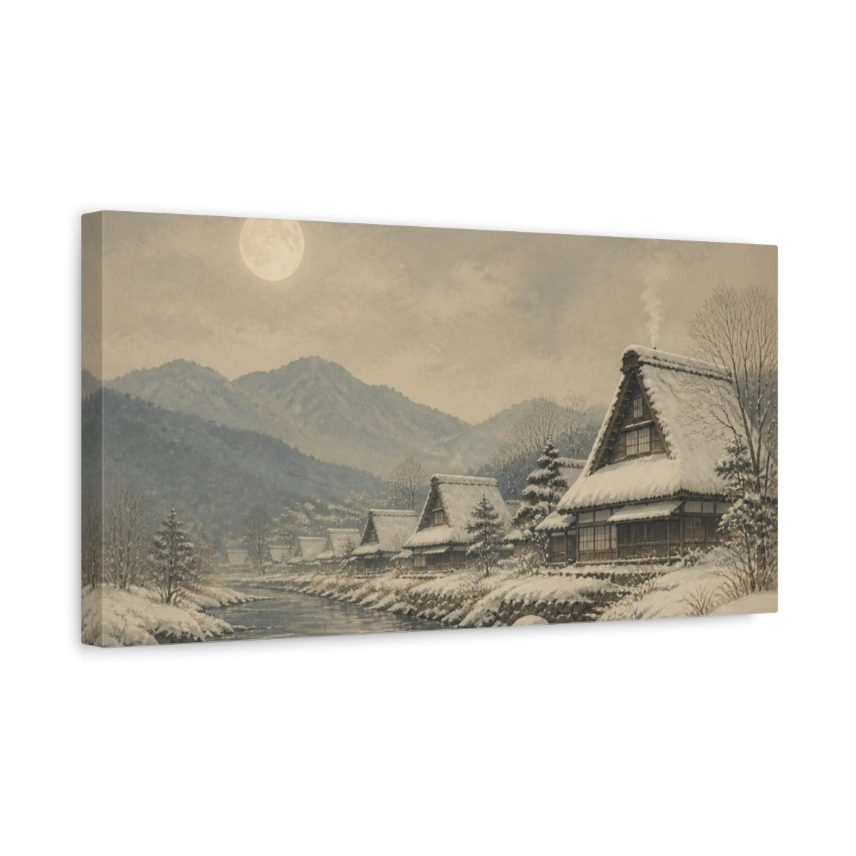 Side Mockup 3. Moonlit Snow Village shown as canvas print