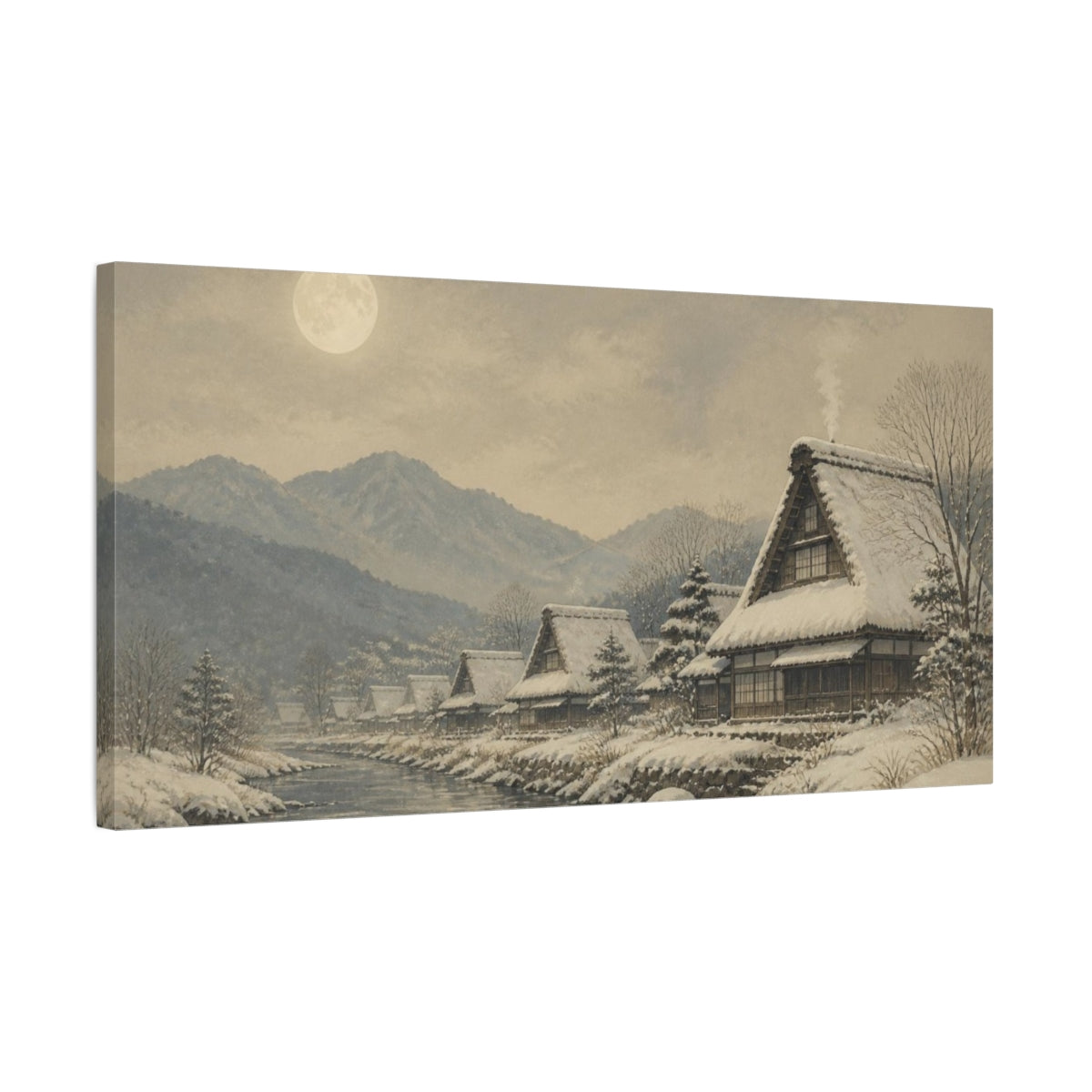 Side Mockup 1. Moonlit Snow Village shown as canvas print