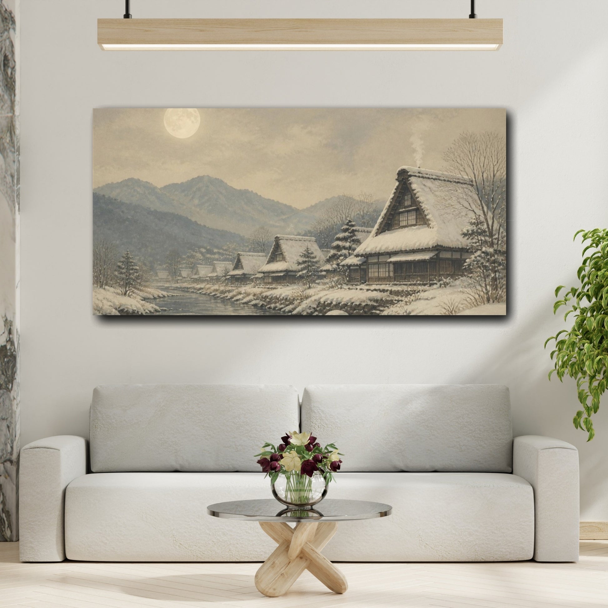Mockup 2. Moonlit Snow Village shown as canvas print