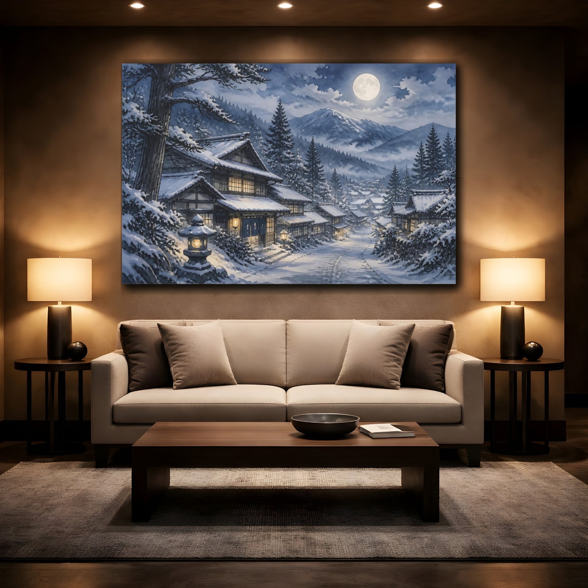 Mockup 2. Moonlit Snow Village shown as canvas print