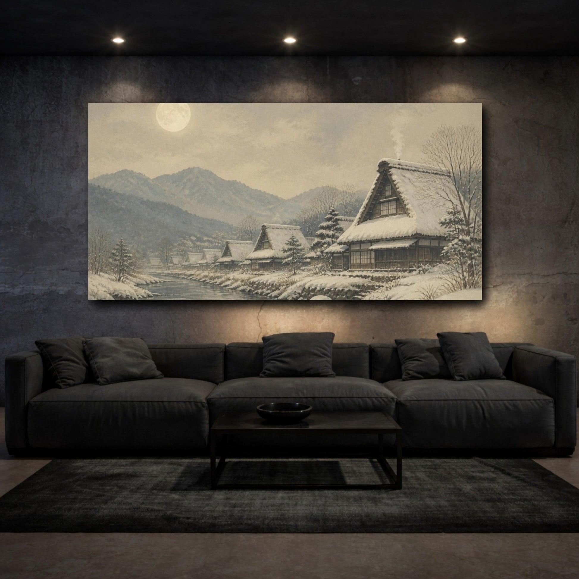 Mockup 3. Moonlit Snow Village shown as canvas print