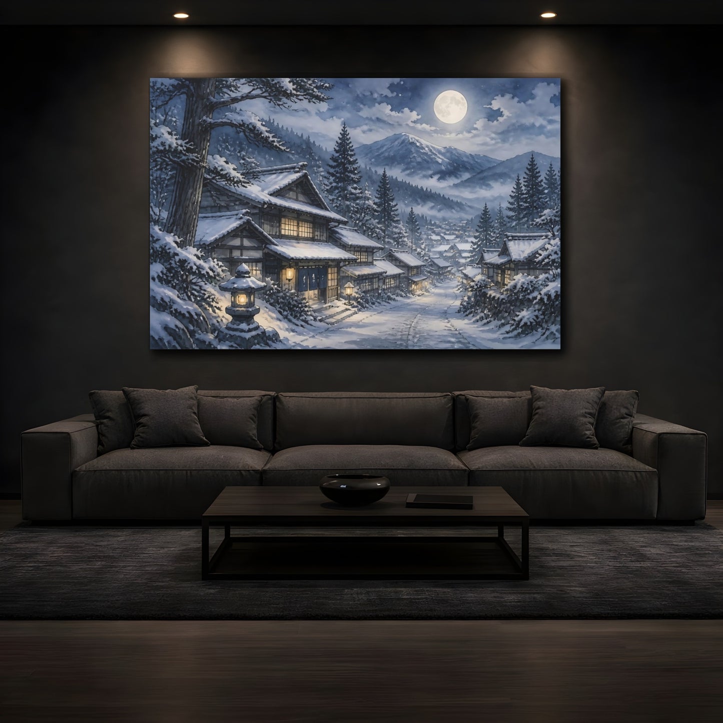 Mockup 3. Moonlit Snow Village shown as canvas print