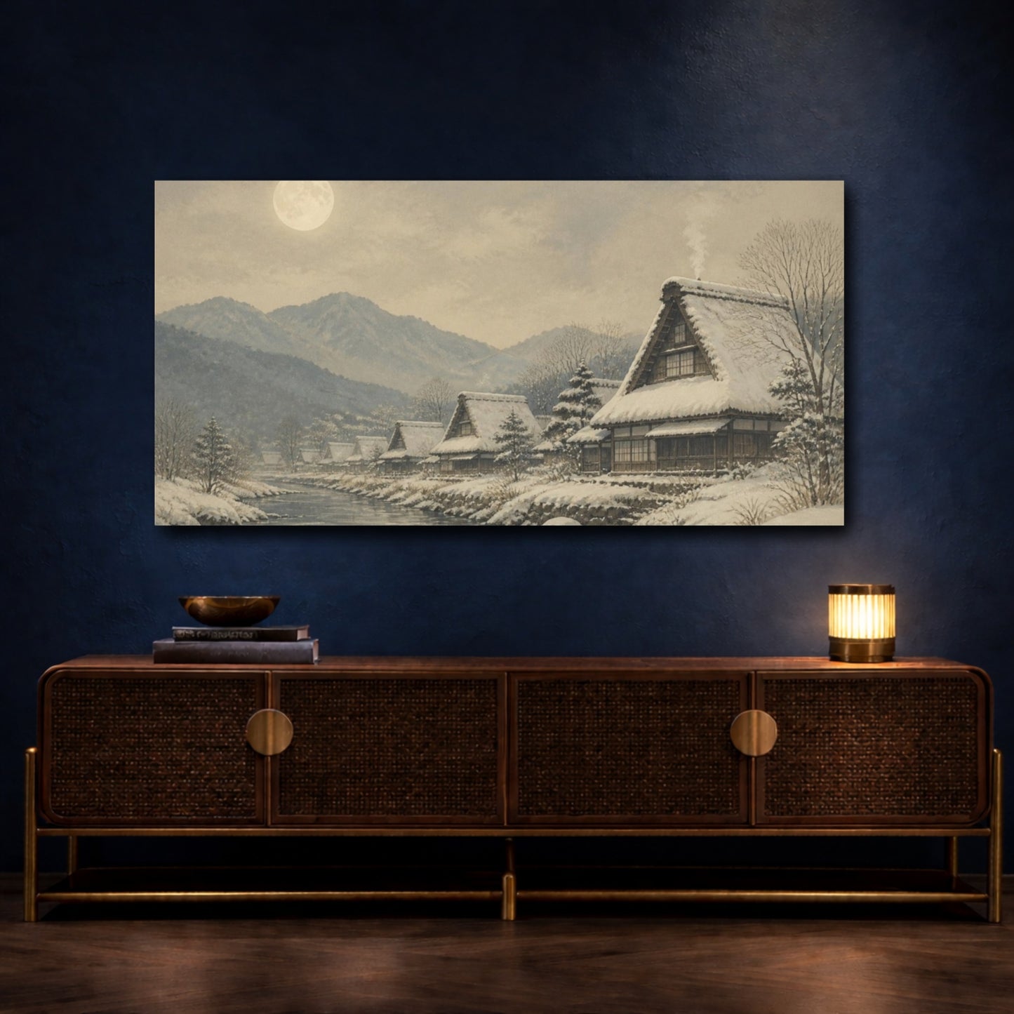 Mockup 4. Moonlit Snow Village shown as canvas print
