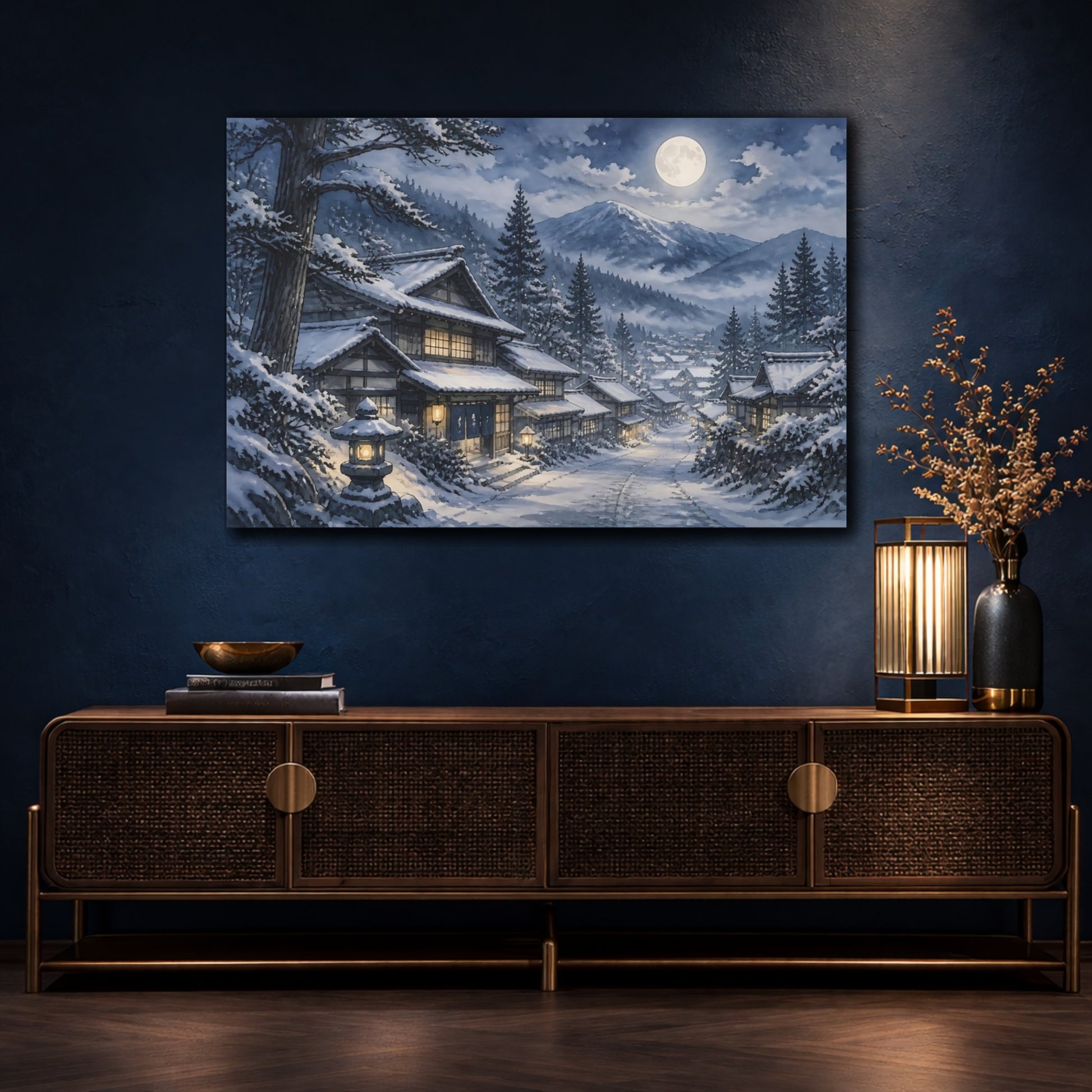 Mockup 4. Moonlit Snow Village shown as canvas print
