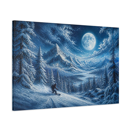 Main Mockup. Moonlit Snowboard Descent shown as canvas print