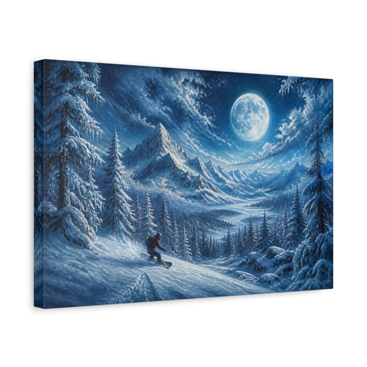 Side Mockup 4. Moonlit Snowboard Descent shown as canvas print