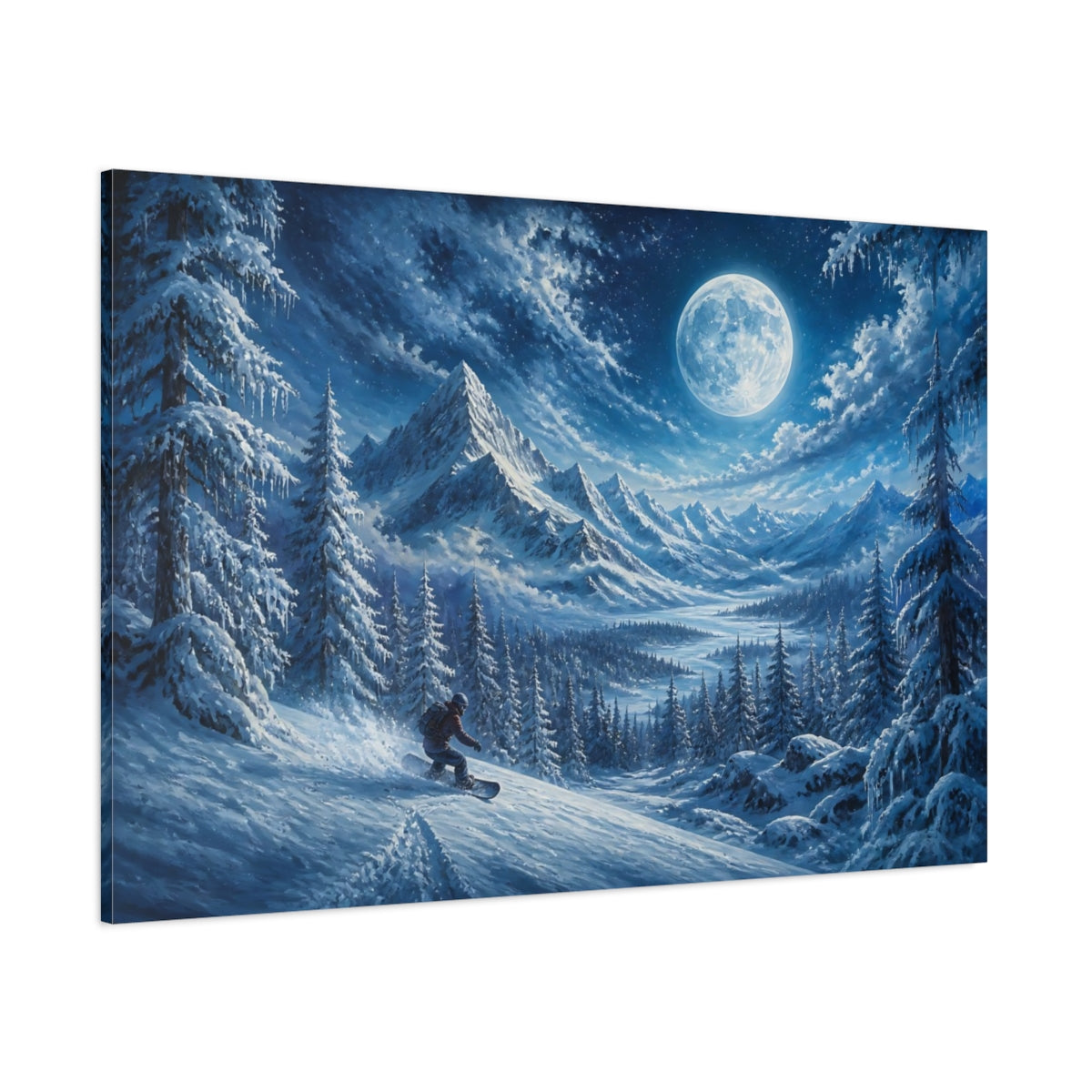 Side Mockup 1. Moonlit Snowboard Descent shown as canvas print