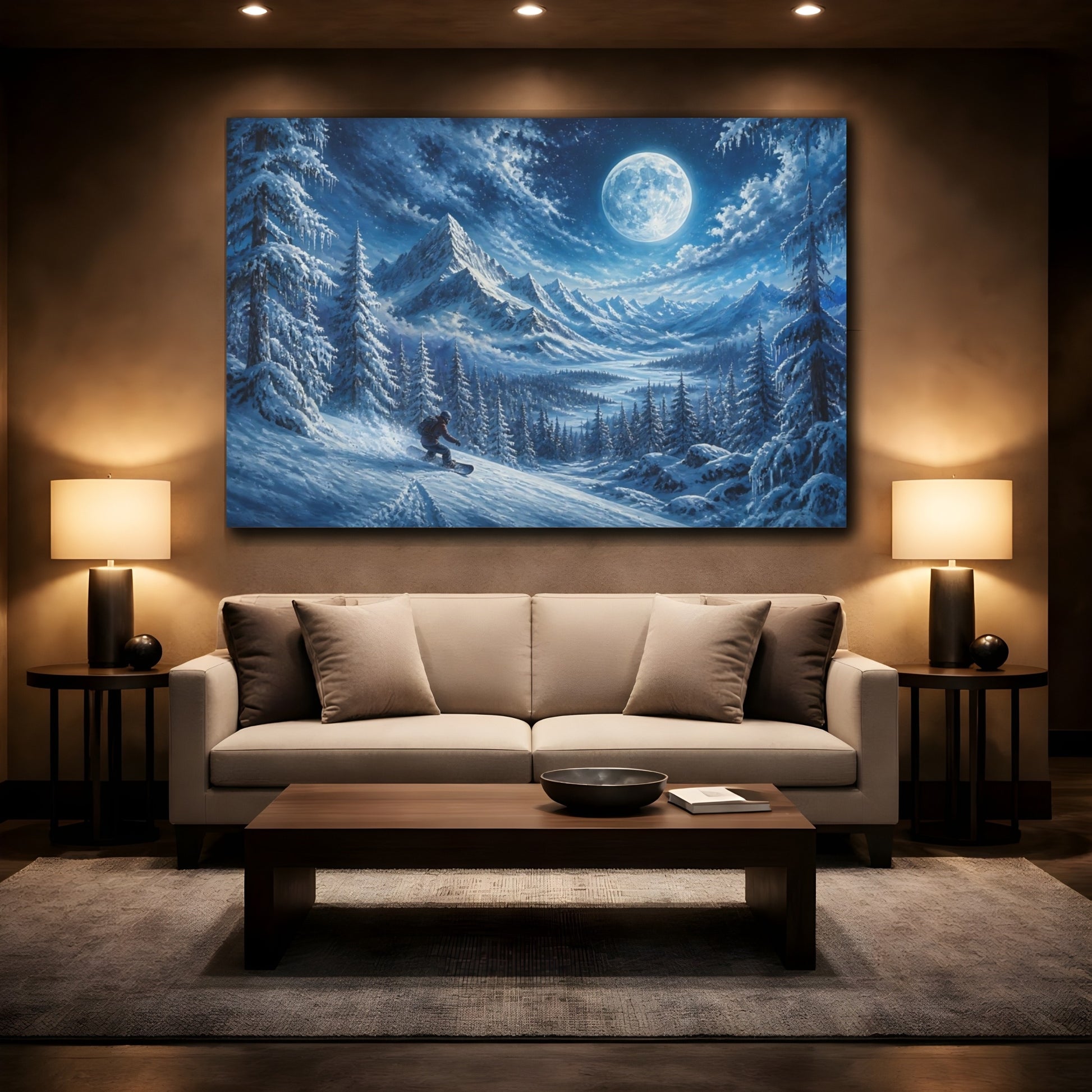 Mockup 2. Moonlit Snowboard Descent shown as canvas print