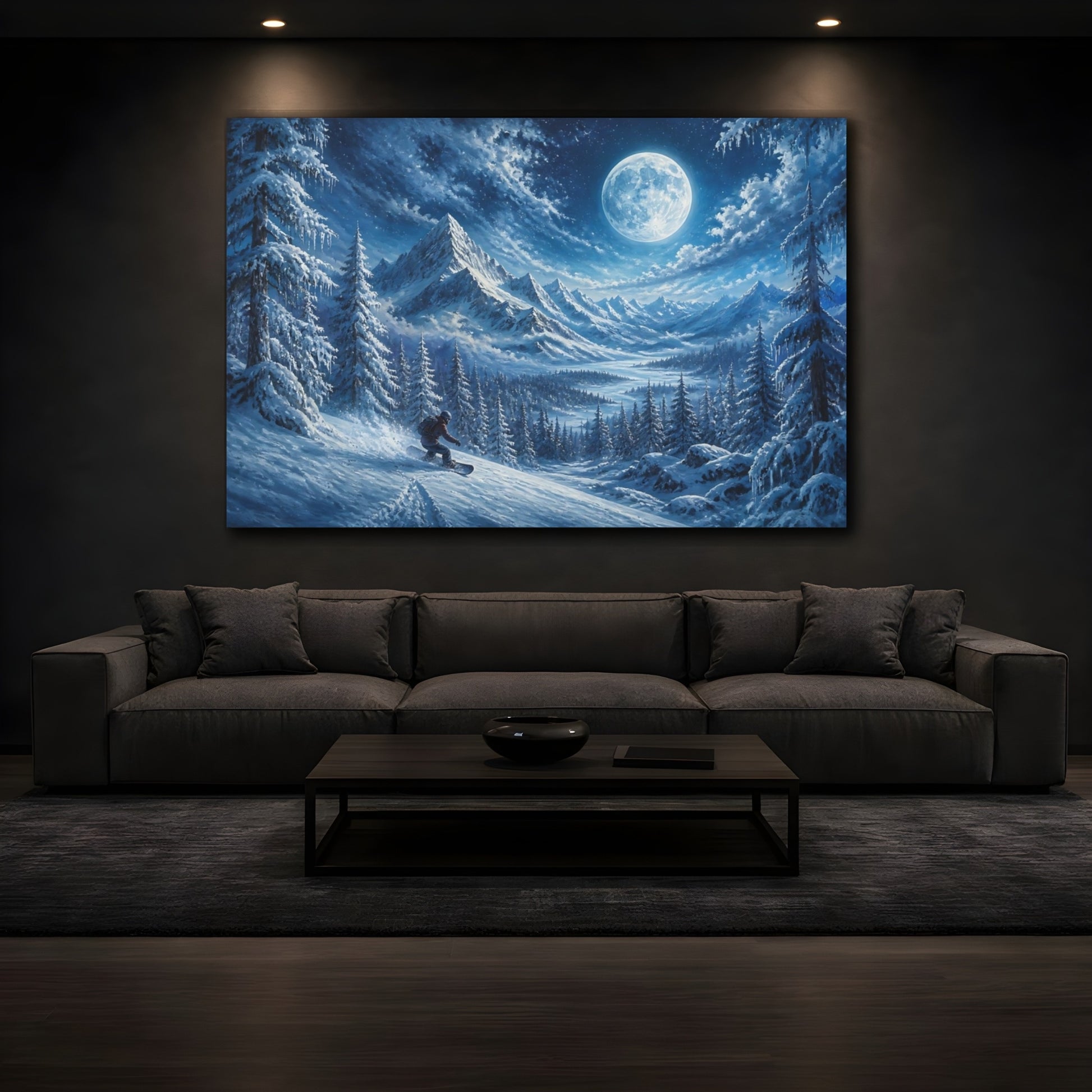 Mockup 3. Moonlit Snowboard Descent shown as canvas print