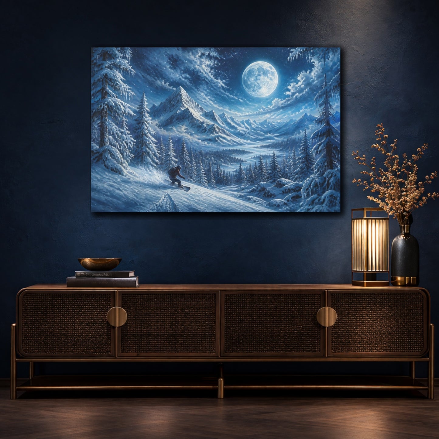 Mockup 4. Moonlit Snowboard Descent shown as canvas print