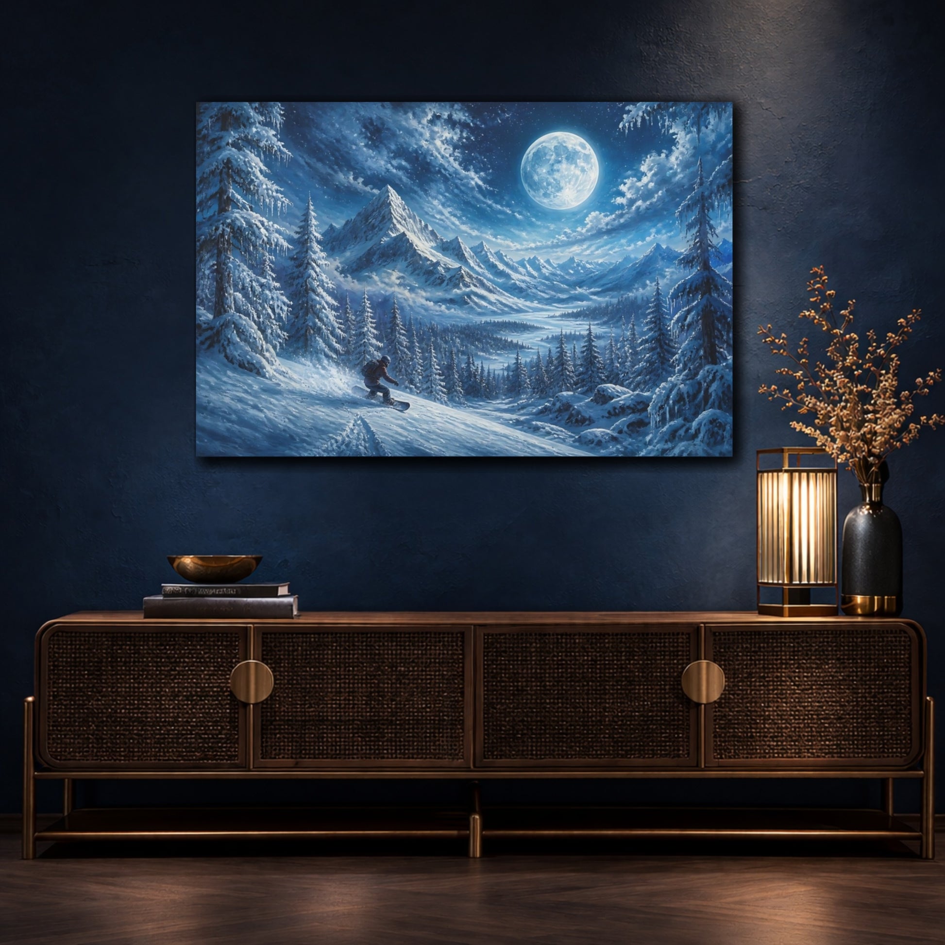 Mockup 4. Moonlit Snowboard Descent shown as canvas print
