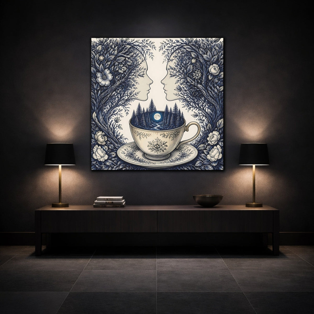 Moonlit Teacup Forest Canvas Print – Living Room, Above Console Table, Navy Blue & Cream - YesArtYes