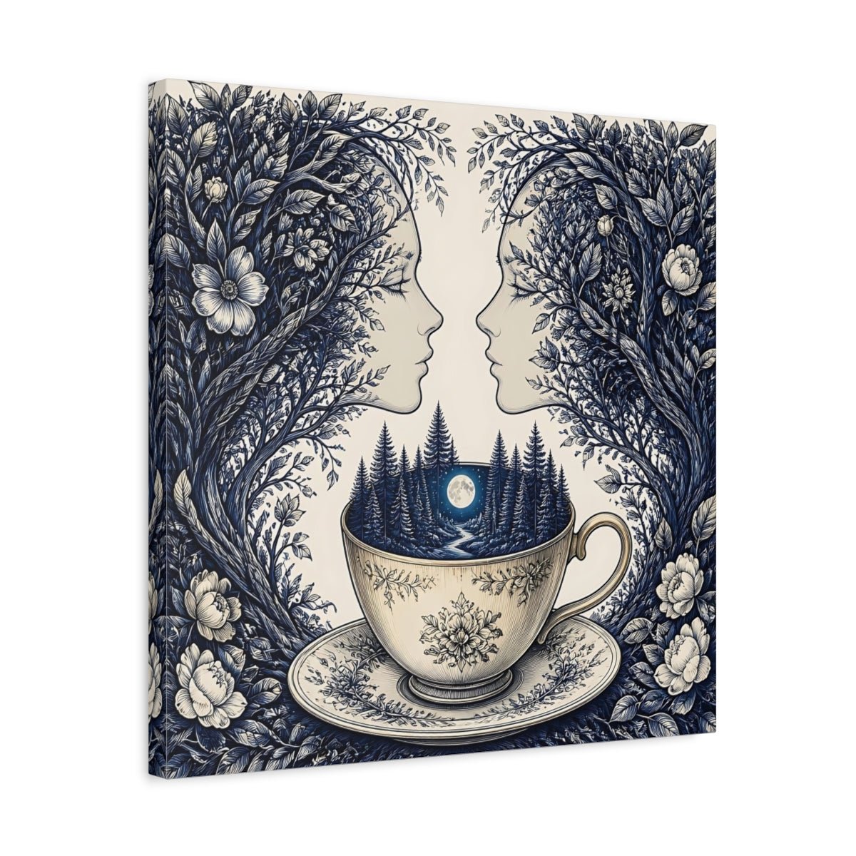 Moonlit Teacup Forest Canvas Print – Living Room, Above Console Table, Navy Blue & Cream - YesArtYes