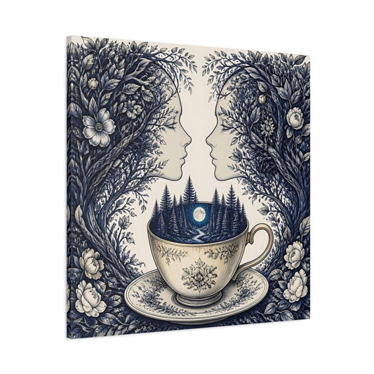 Moonlit Teacup Forest Canvas Print – Living Room, Above Console Table, Navy Blue & Cream - YesArtYes