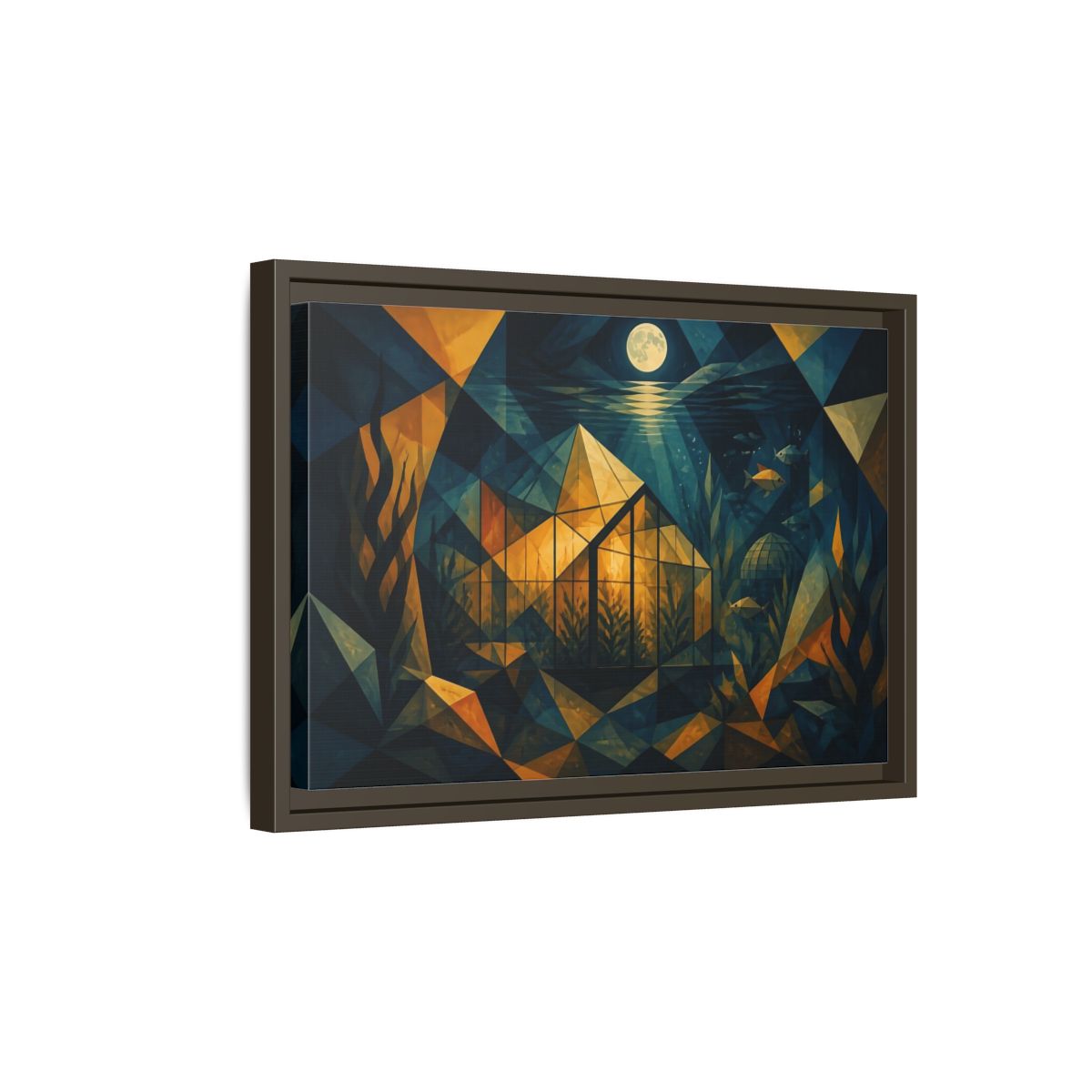 Side Mockup 5. Moonlit Underwater Greenhouse shown as framed canvas print