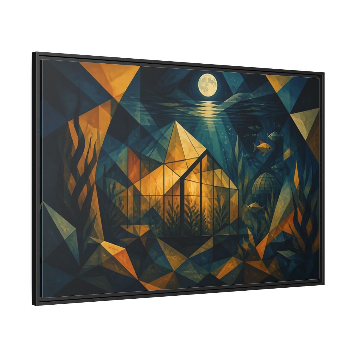 Side Mockup 12. Moonlit Underwater Greenhouse shown as framed canvas print