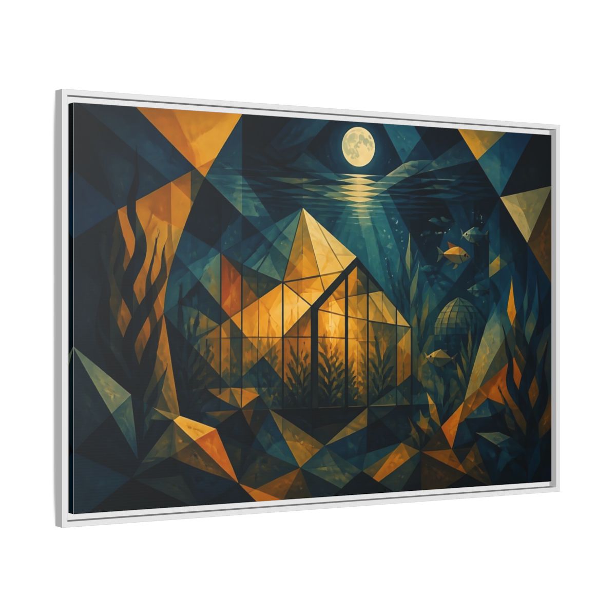 Side Mockup 7. Moonlit Underwater Greenhouse shown as framed canvas print