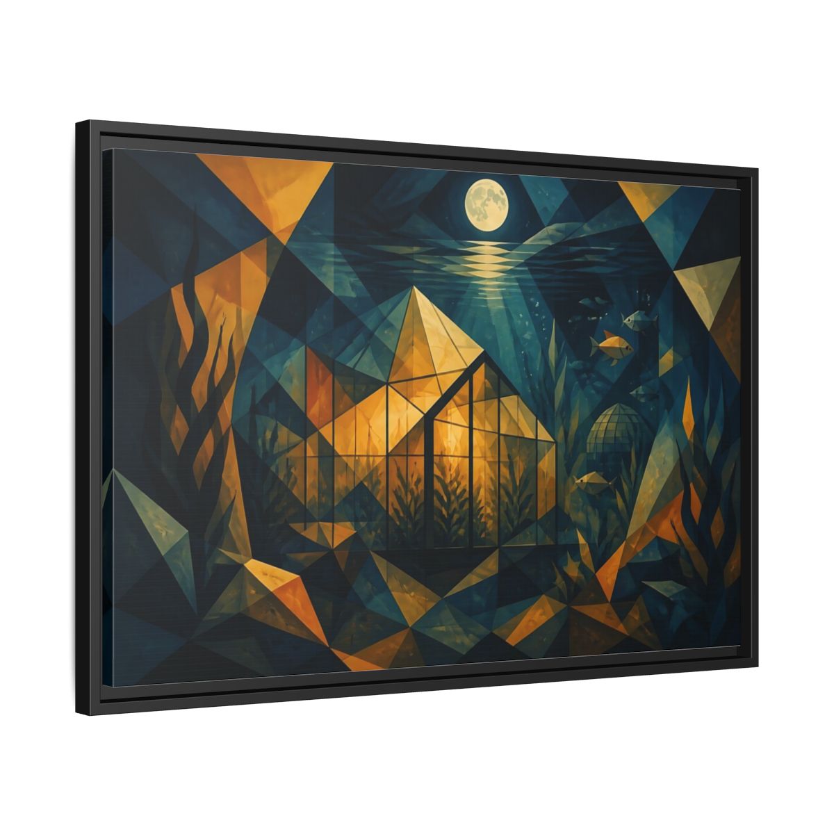 Side Mockup 14. Moonlit Underwater Greenhouse shown as framed canvas print