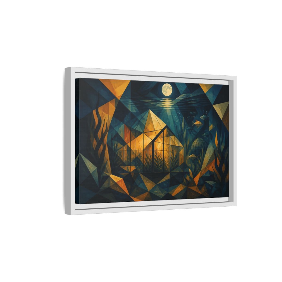 Side Mockup 4. Moonlit Underwater Greenhouse shown as framed canvas print
