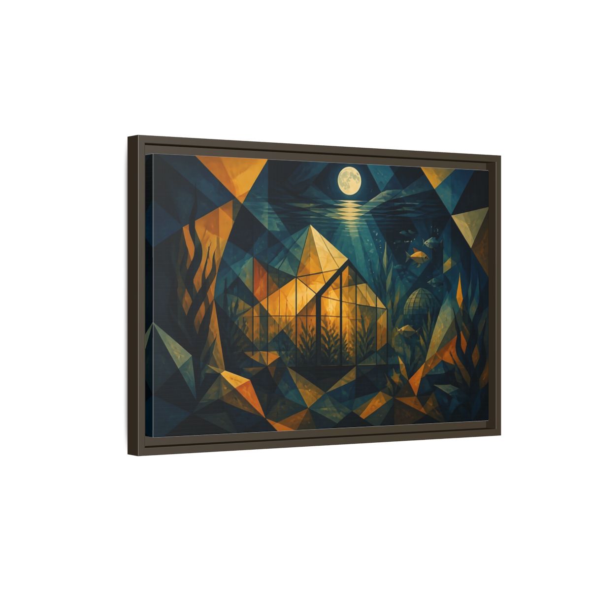 Side Mockup 2. Moonlit Underwater Greenhouse shown as framed canvas print