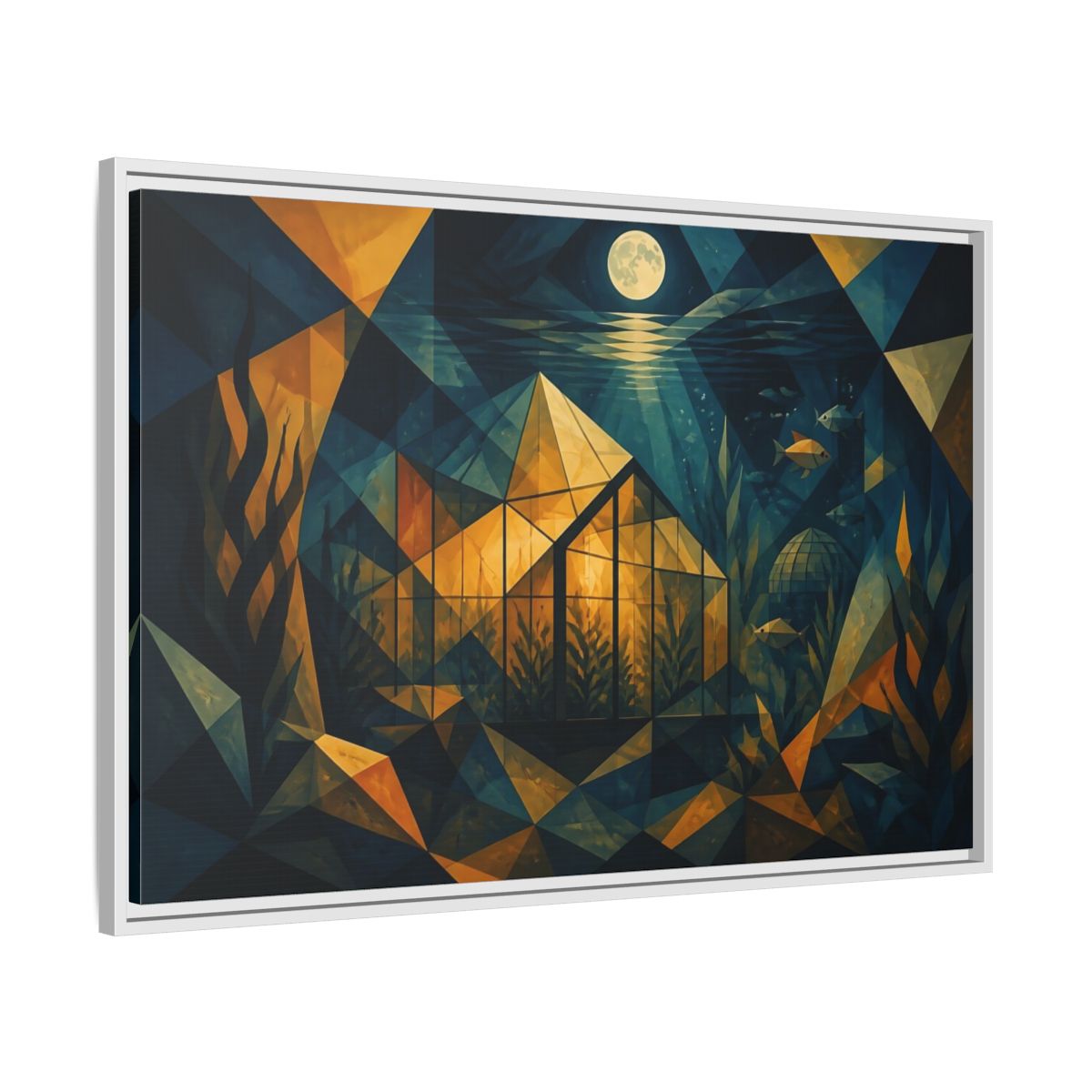 Side Mockup 9. Moonlit Underwater Greenhouse shown as framed canvas print