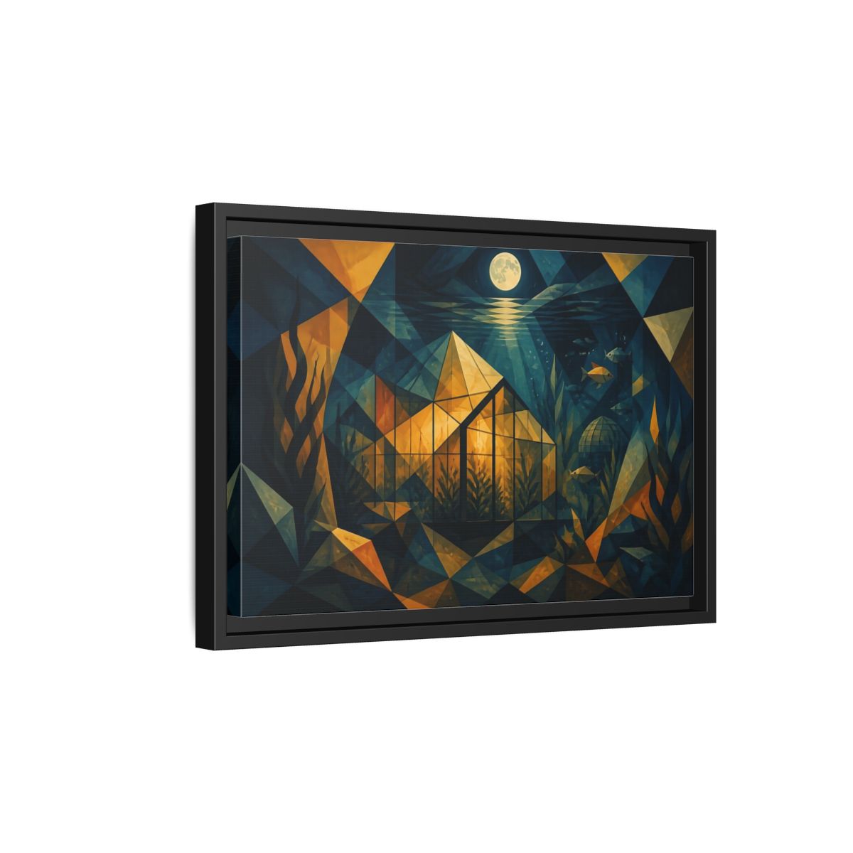 Side Mockup 6. Moonlit Underwater Greenhouse shown as framed canvas print