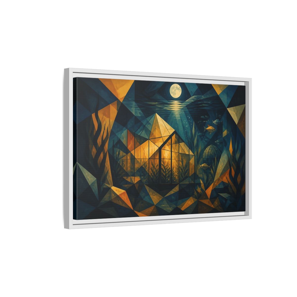 Side Mockup 1. Moonlit Underwater Greenhouse shown as framed canvas print