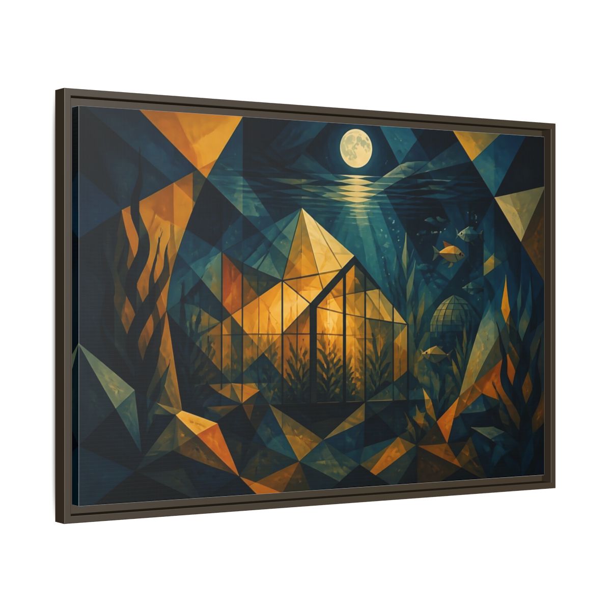 Main Mockup. Moonlit Underwater Greenhouse shown as framed canvas print