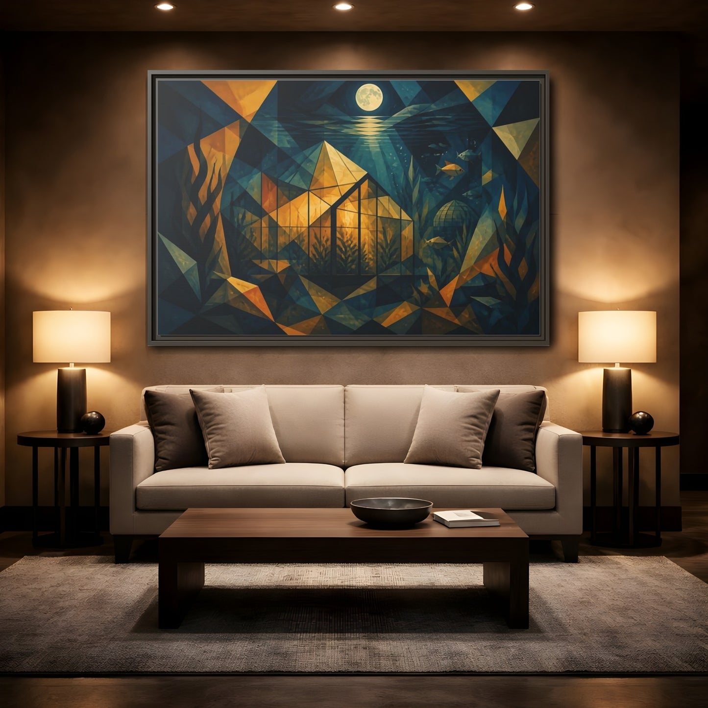 Mockup 2. Moonlit Underwater Greenhouse shown as framed canvas print