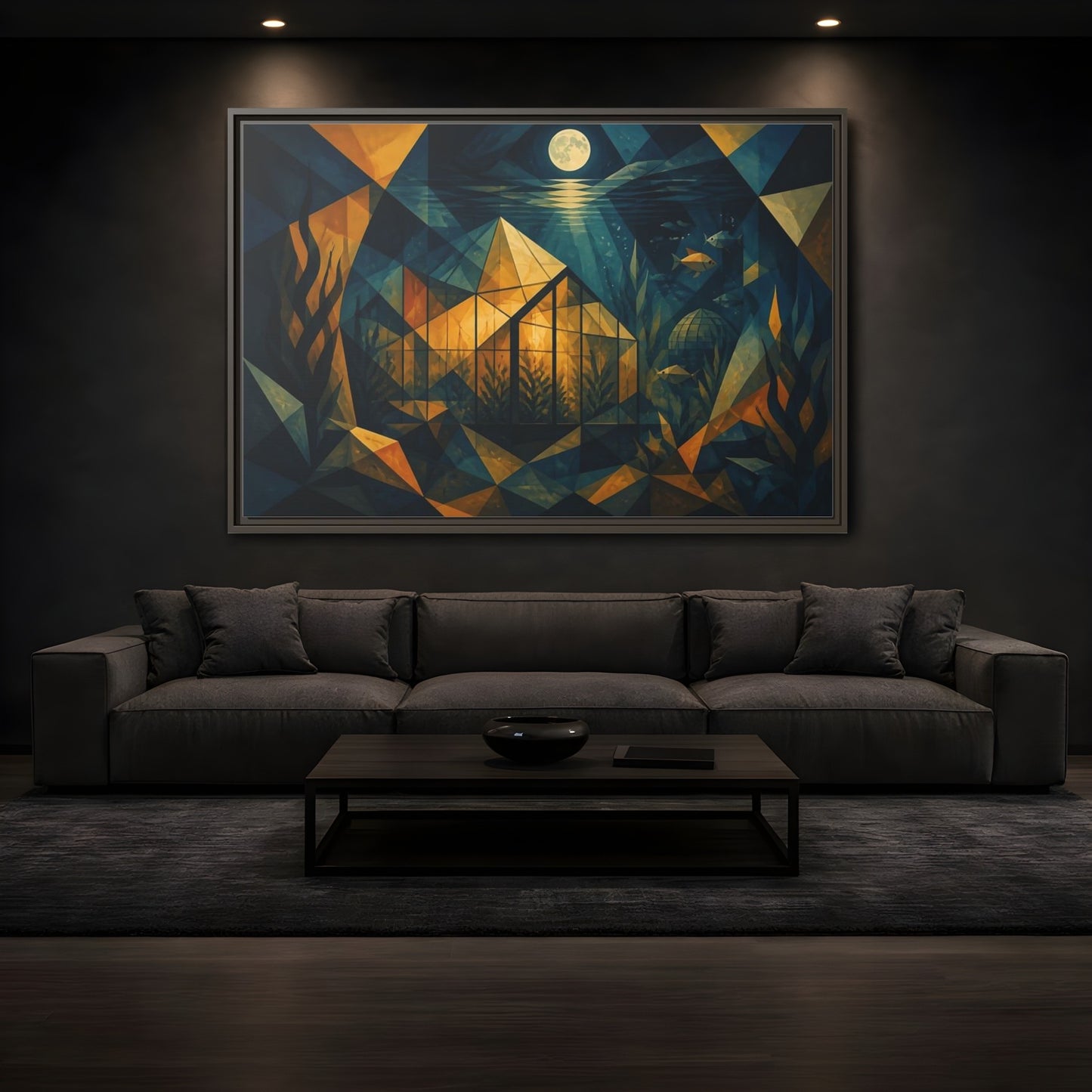 Mockup 3. Moonlit Underwater Greenhouse shown as framed canvas print