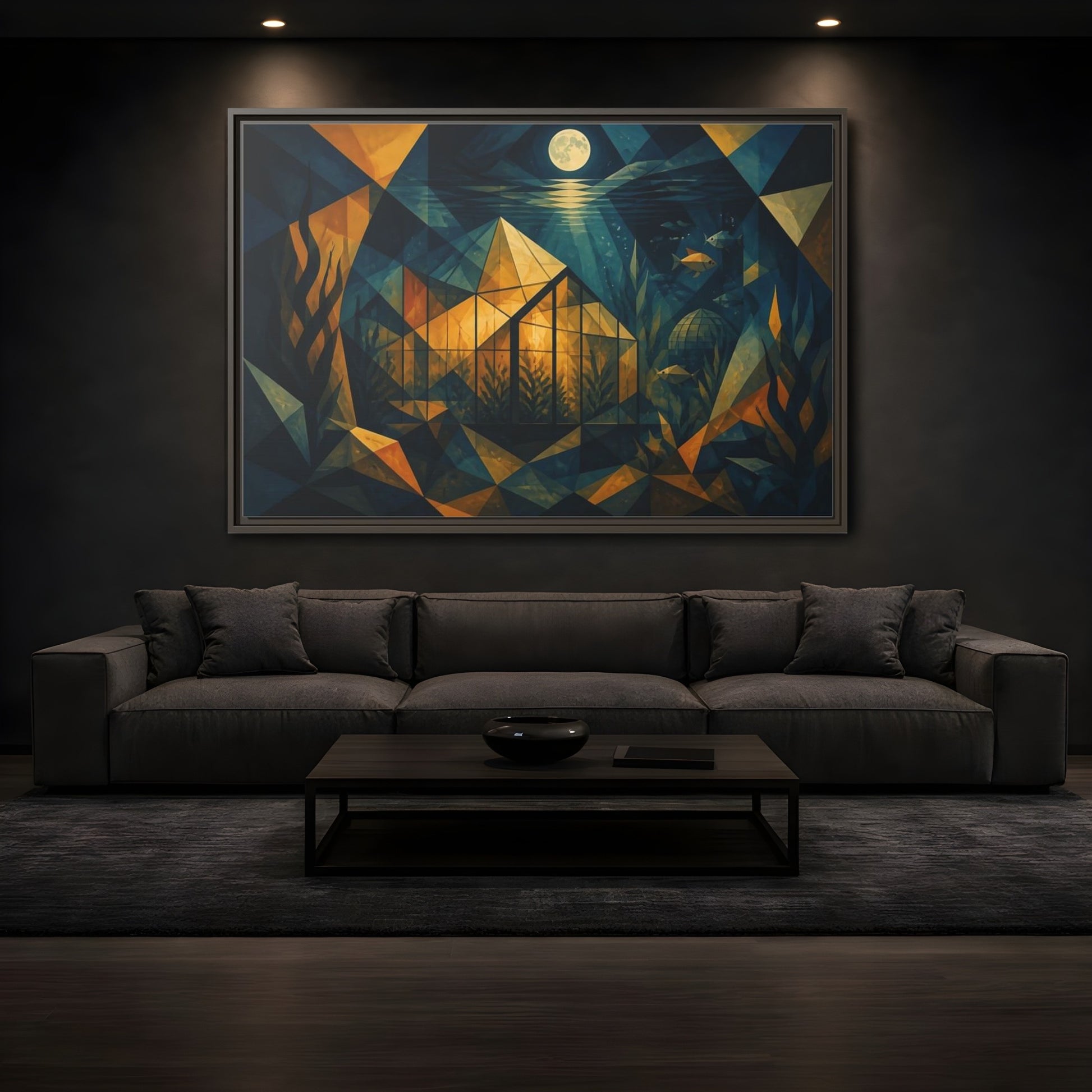 Mockup 3. Moonlit Underwater Greenhouse shown as framed canvas print