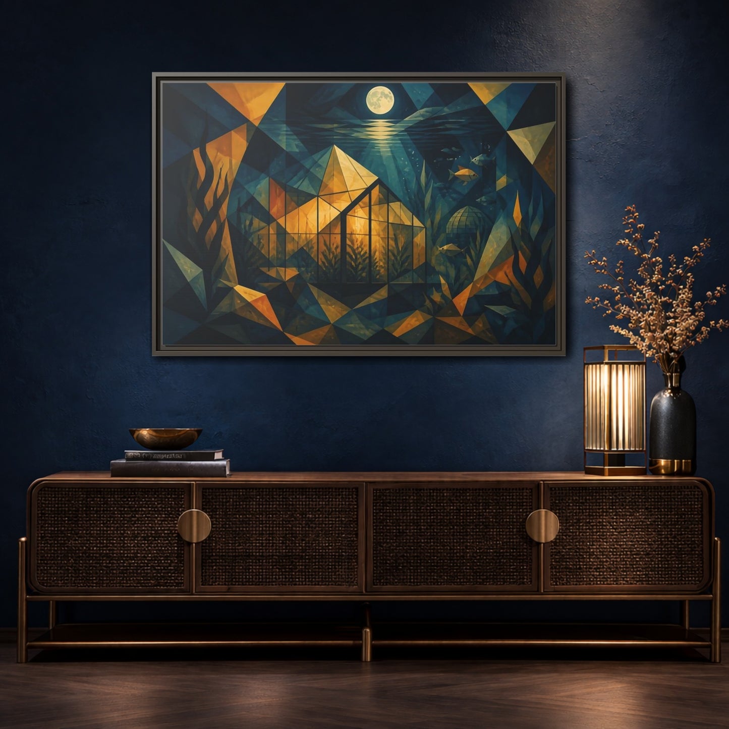 Mockup 4. Moonlit Underwater Greenhouse shown as framed canvas print