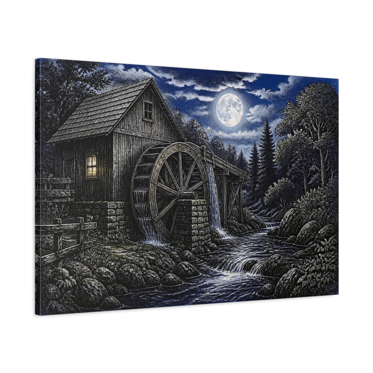 Main Mockup. Moonlit Watermill At Night shown as canvas print