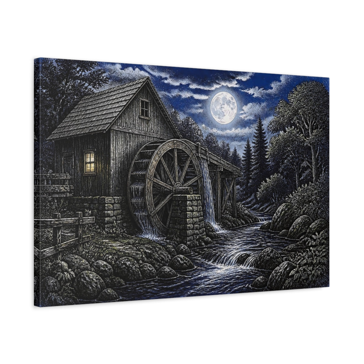 Side Mockup 2. Moonlit Watermill At Night shown as canvas print
