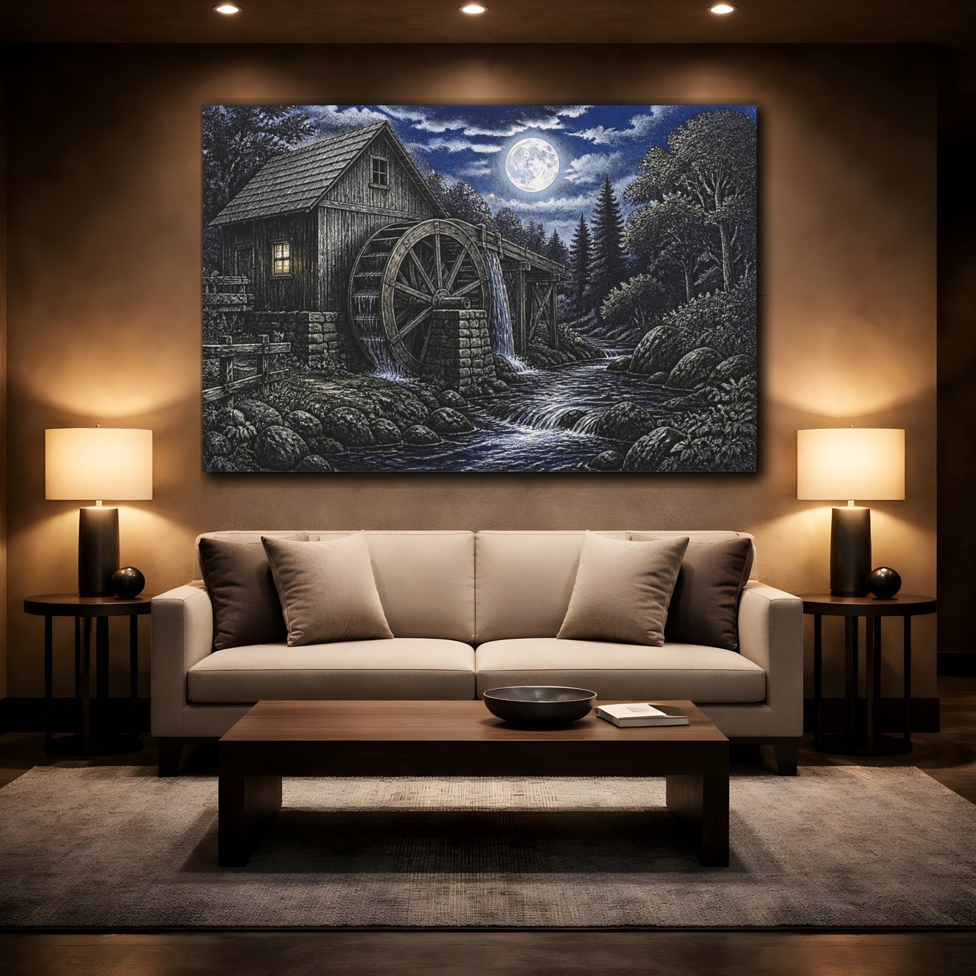 Mockup 2. Moonlit Watermill At Night shown as canvas print