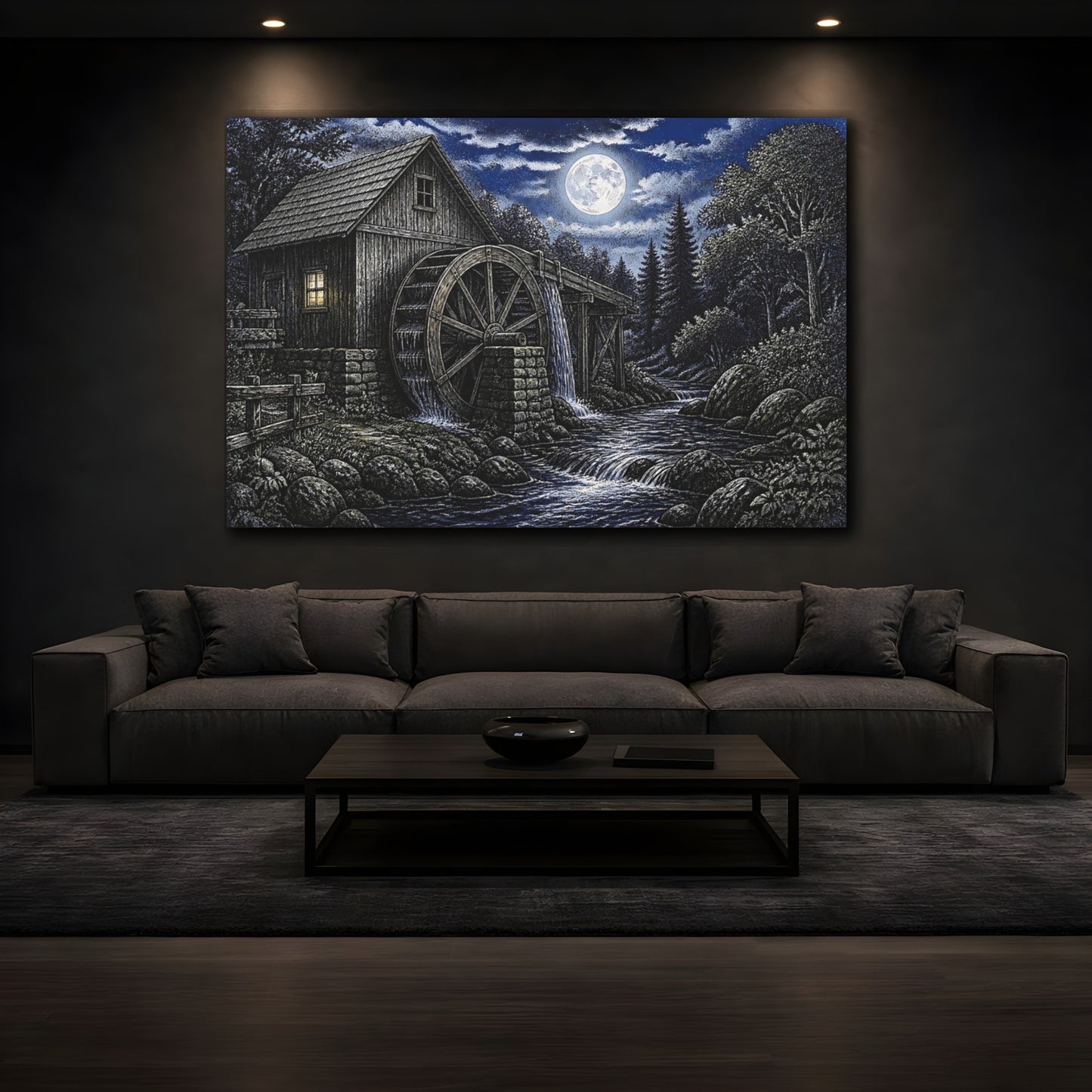 Mockup 3. Moonlit Watermill At Night shown as canvas print
