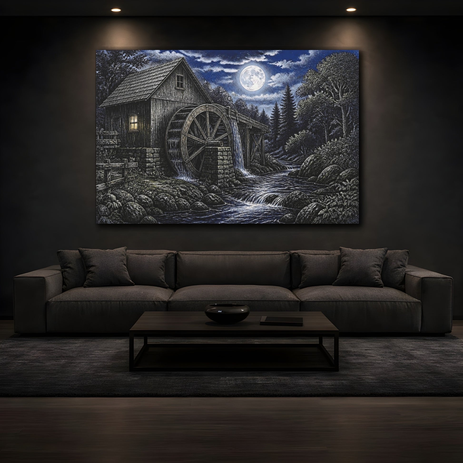 Mockup 3. Moonlit Watermill At Night shown as canvas print