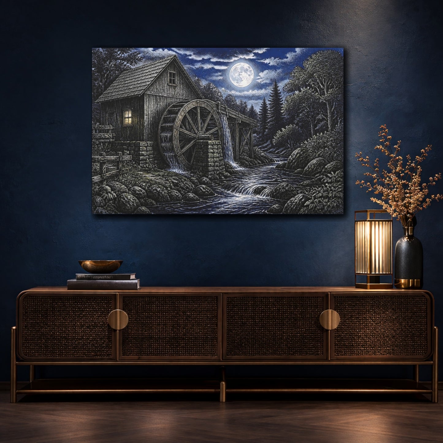 Mockup 4. Moonlit Watermill At Night shown as canvas print