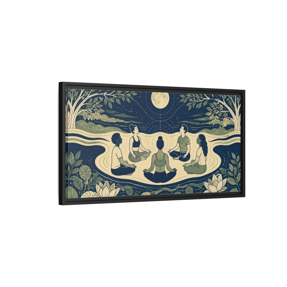 Side Mockup 2. Moonlit Yoga Circle shown as framed canvas print