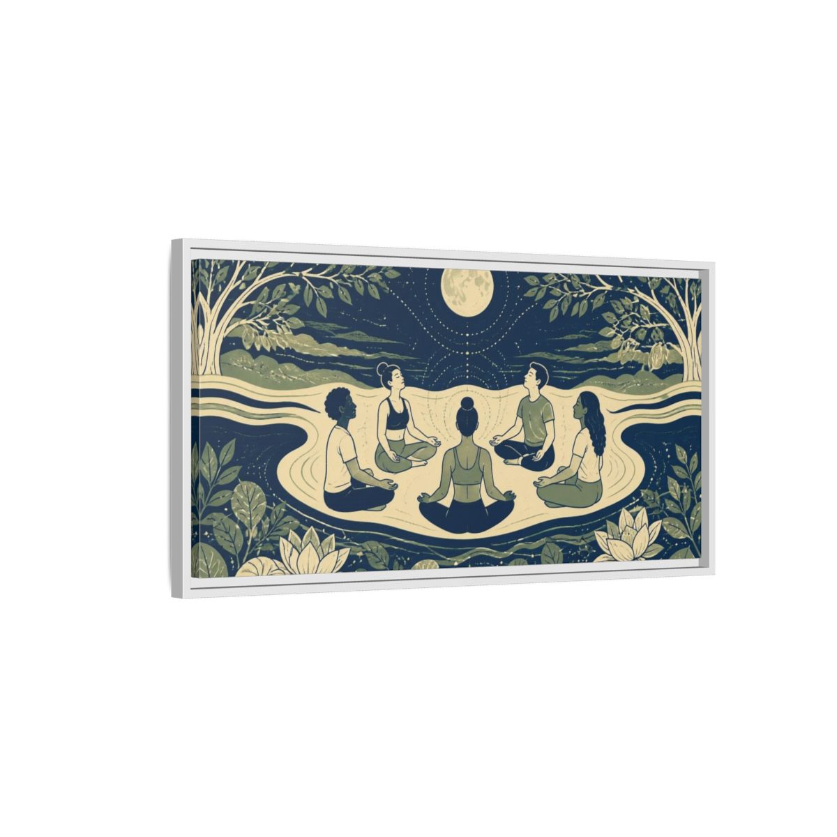 Side Mockup 1. Moonlit Yoga Circle shown as framed canvas print