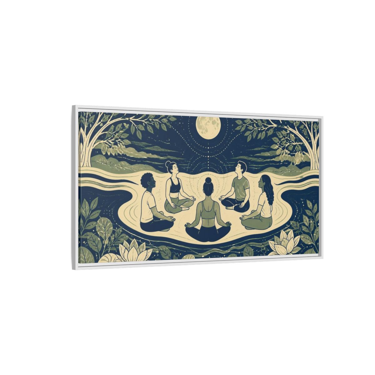Side Mockup 3. Moonlit Yoga Circle shown as framed canvas print