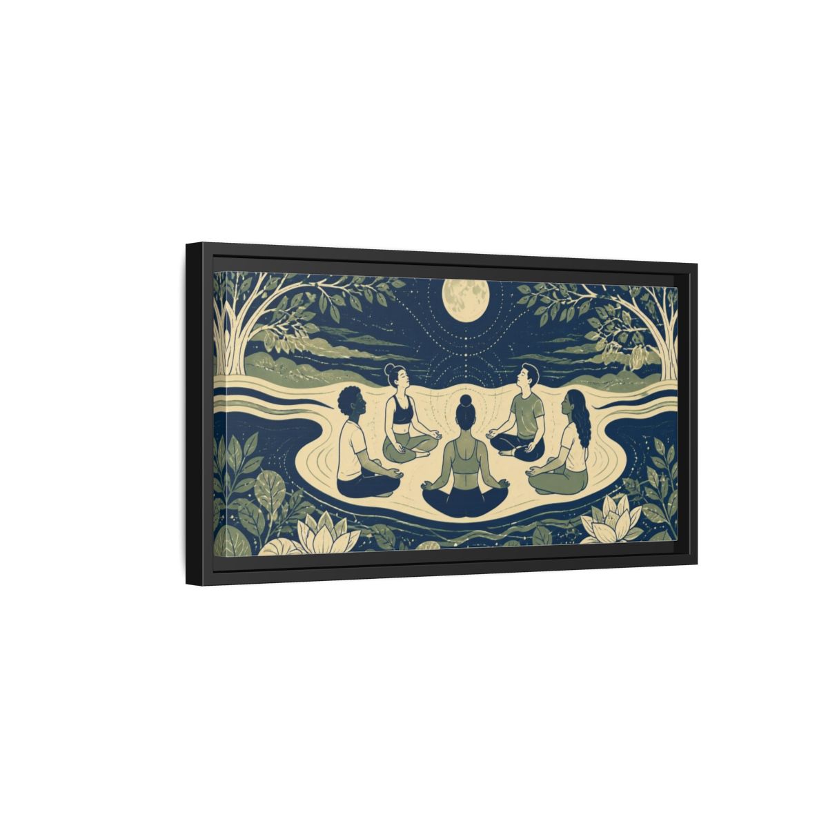 Side Mockup 8. Moonlit Yoga Circle shown as framed canvas print