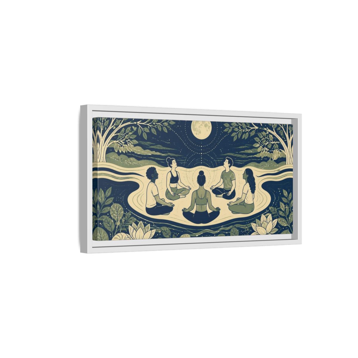 Side Mockup 6. Moonlit Yoga Circle shown as framed canvas print
