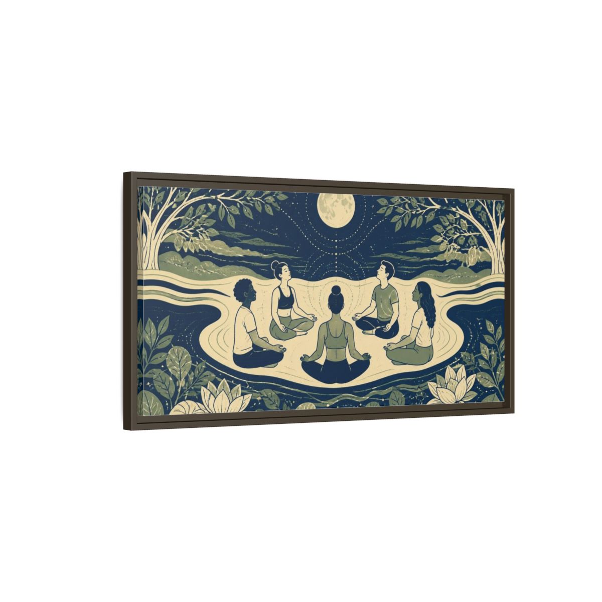 Main Mockup. Moonlit Yoga Circle shown as framed canvas print