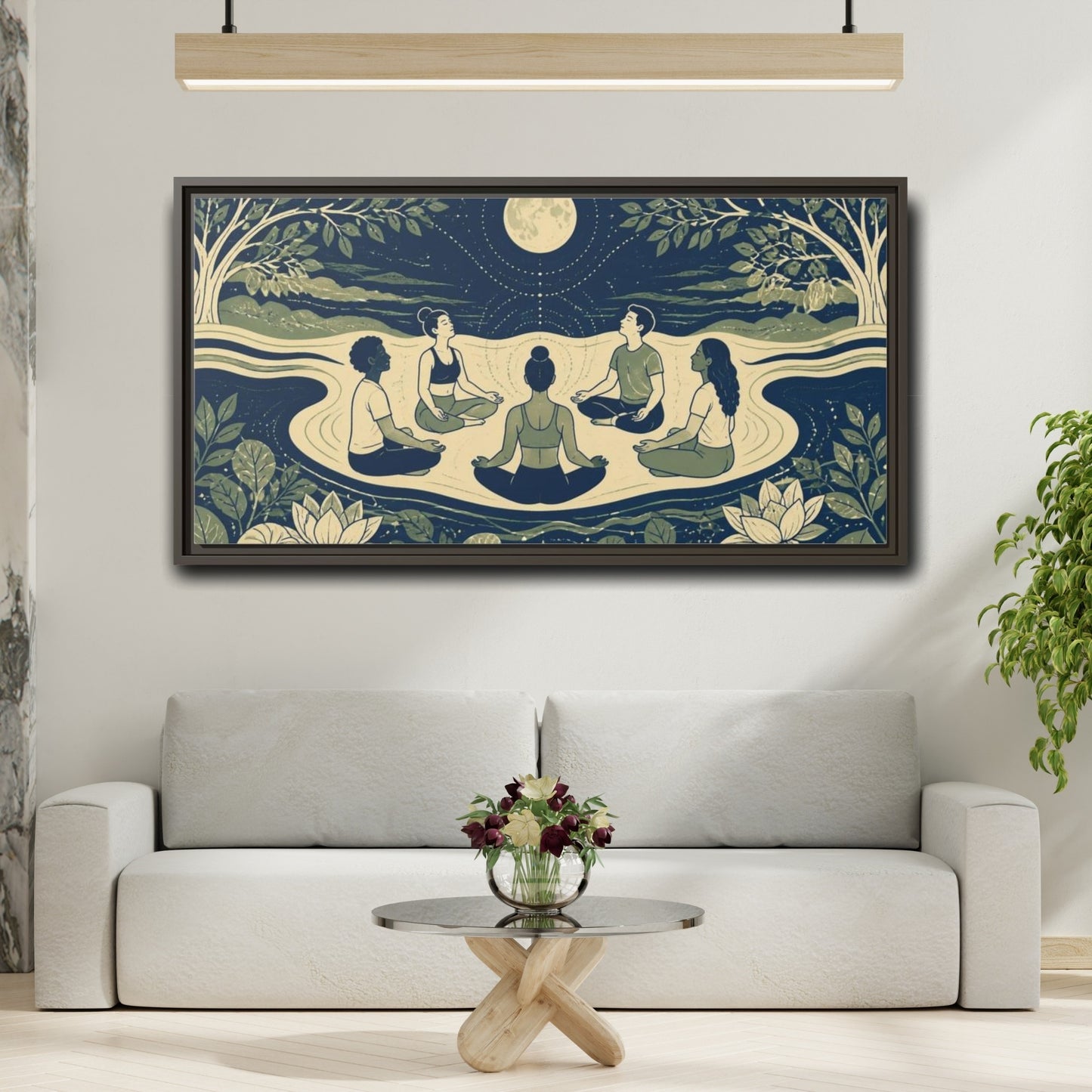 Mockup 2. Moonlit Yoga Circle shown as framed canvas print