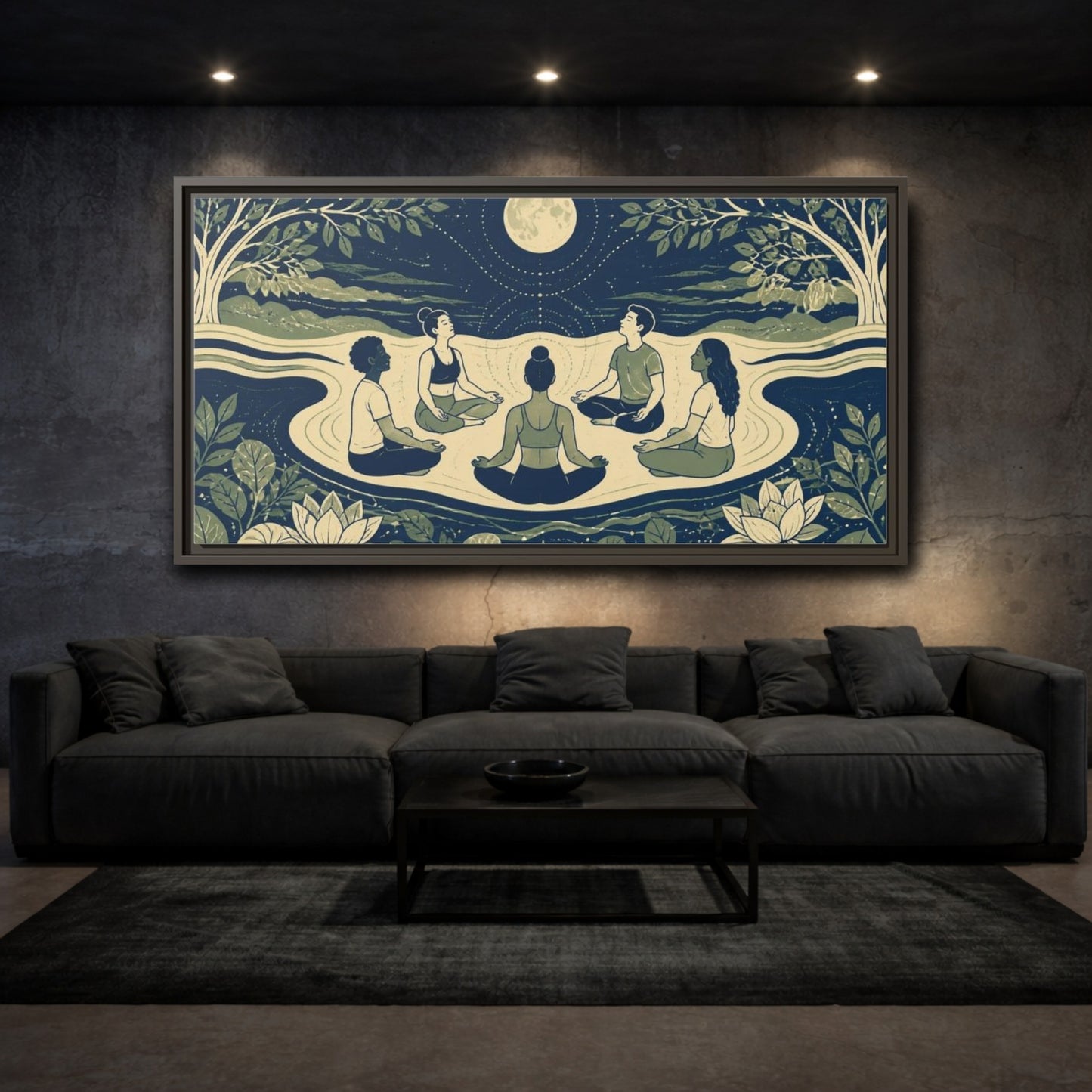 Mockup 3. Moonlit Yoga Circle shown as framed canvas print