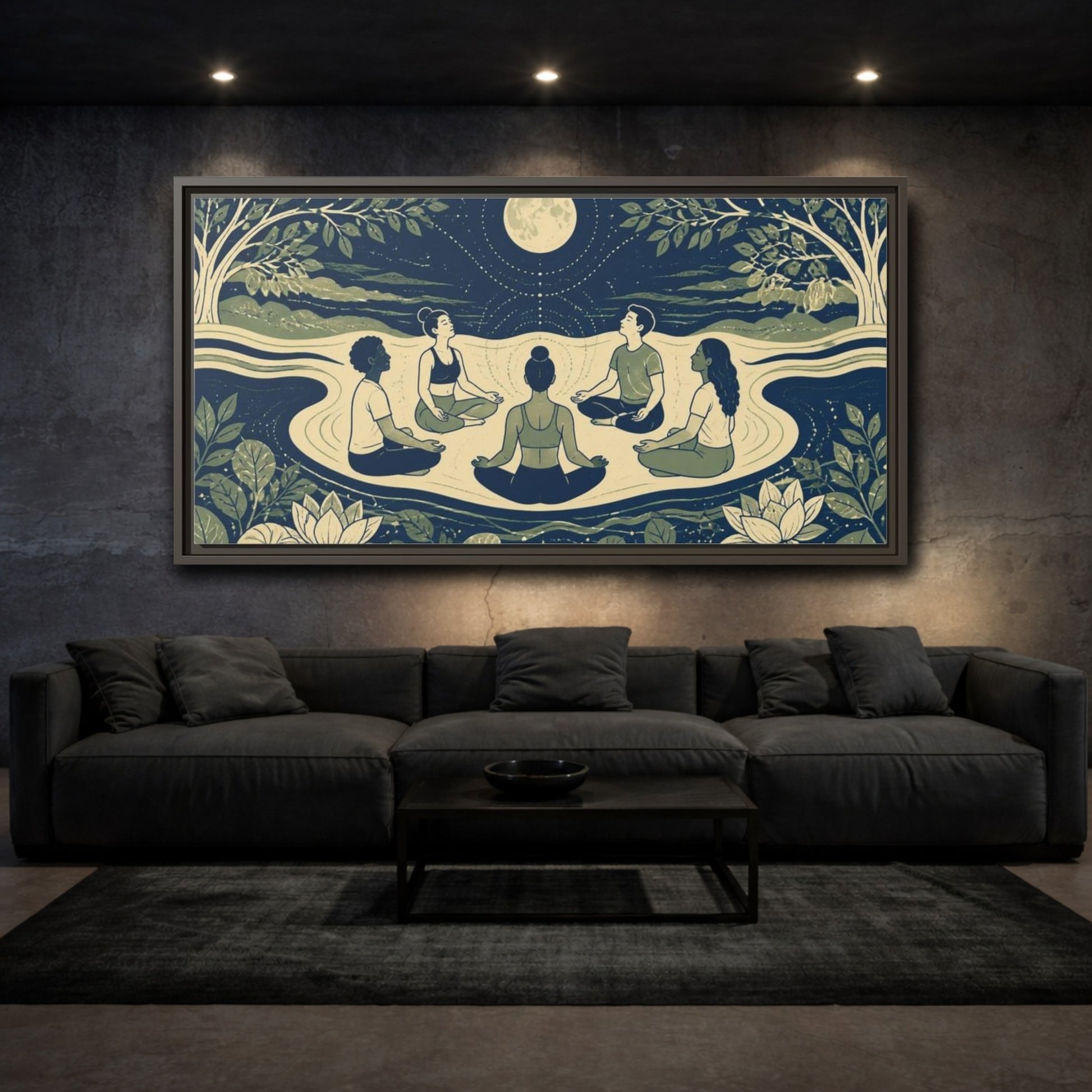 Mockup 3. Moonlit Yoga Circle shown as framed canvas print