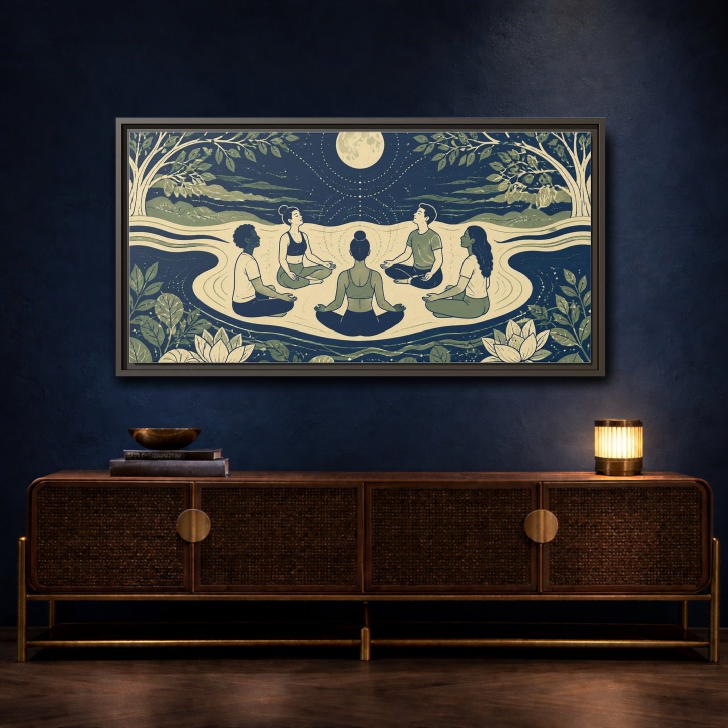 Mockup 4. Moonlit Yoga Circle shown as framed canvas print