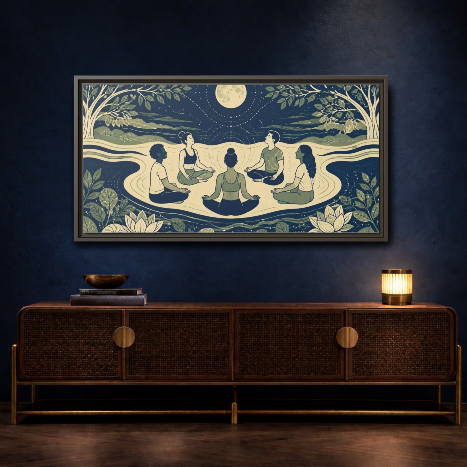 Mockup 4. Moonlit Yoga Circle shown as framed canvas print